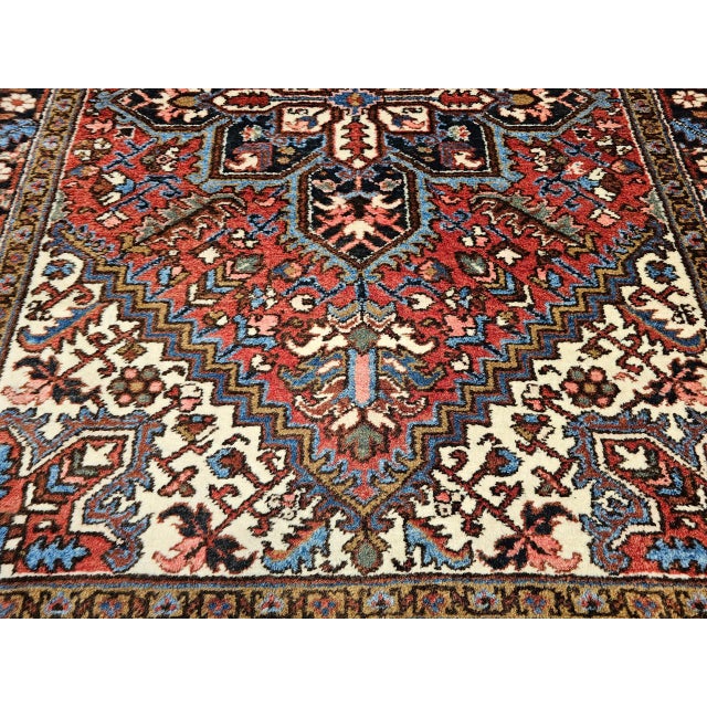 Vintage Persian Heriz Rug, Hand-Knotted Wool, Geometric Medallion Pattern, Red & Navy, 5x7 For Sale - Image 11 of 15