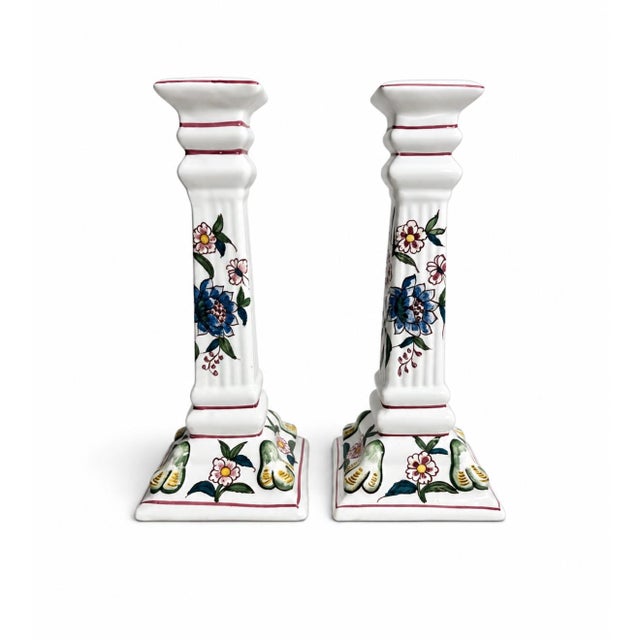 Pair of Erica for Zrike Hand-Painted Floral Ceramic Candlesticks For Sale - Image 4 of 5