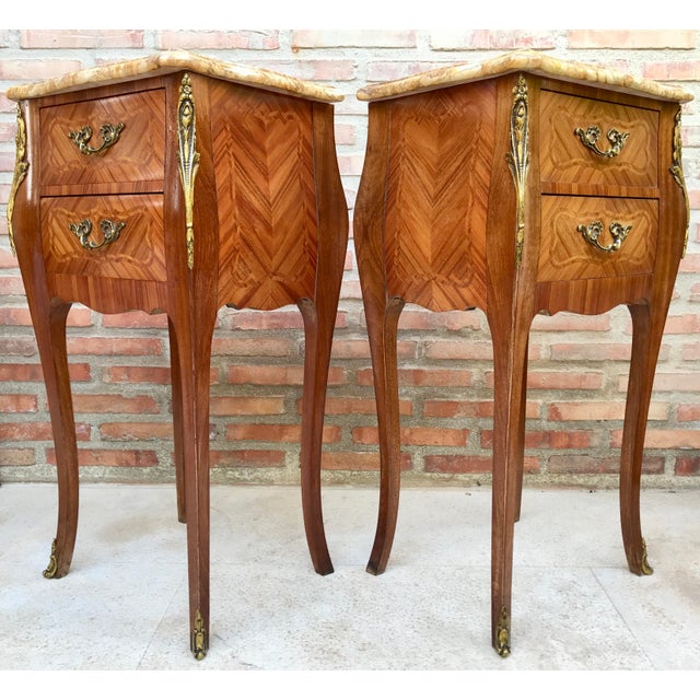 Antique Louis XV French Marquetry Marble Top Nightstands, Set of 2 For Sale - Image 4 of 17
