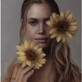Joie by Kelly Birkenruth | Oil on Panel Portrait of a woman holding sunflowers. For Sale