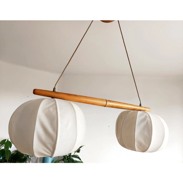 Wood Vintage Scandinavian Pendant Light in Wood and Fabric, 1980s For Sale - Image 7 of 10