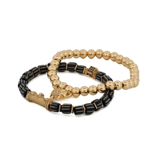 Early 21st Century Lucky Gold Elephant & Ethnic Black Beaded Bracelet Set For Sale - Image 5 of 8