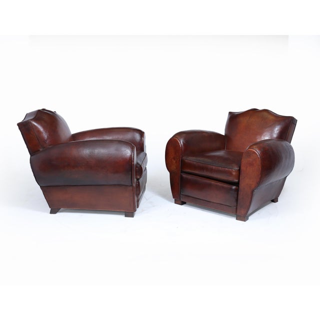 1930s Art Deco French Moustache Back Leather Club Chairs, 1930, Set of 2 For Sale - Image 5 of 18
