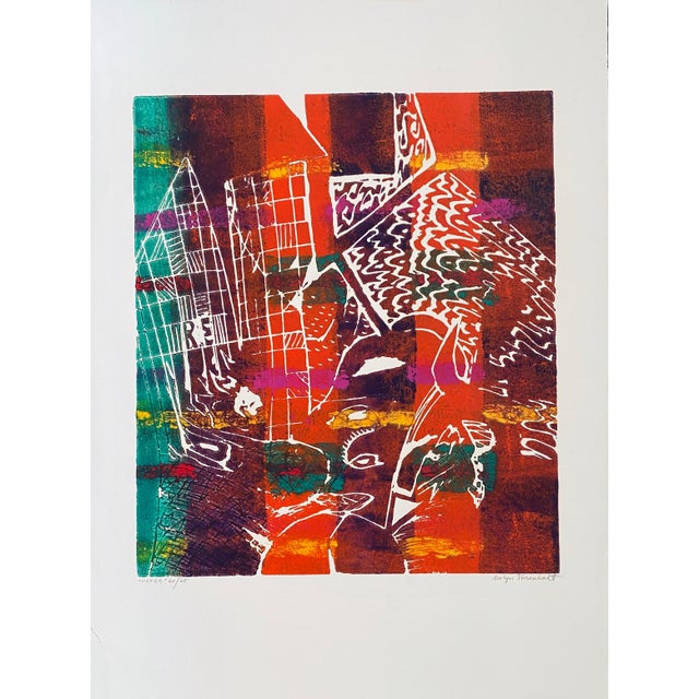 This print depicts a non-objective composition of organic shapes rendered in vibrant hues of color upon a field of white....