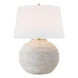 Marie Flanigan by Visual Comfort Signature Avedon Small Table Lamp in Plaster White Rattan with Linen Shade For Sale