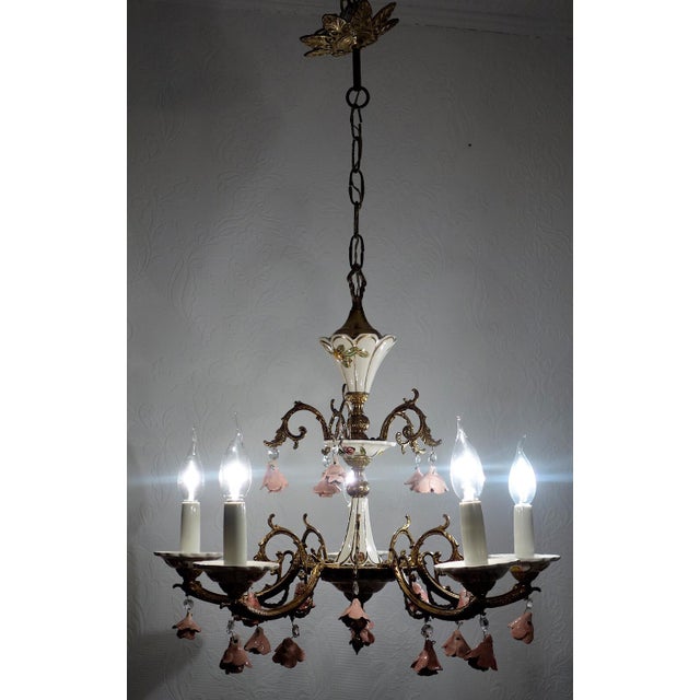 Metal Brass and Porcelain 5-Light Chandelier by Peris Andreu, 1940s For Sale - Image 7 of 16