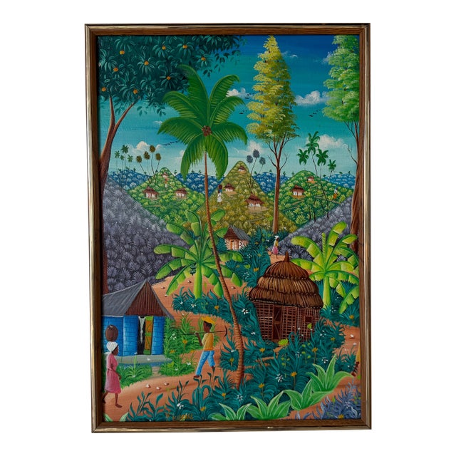 Vintage Michelet Haitian Folk Art Tropical Village Scene Landscape Oil Painting – Framed For Sale