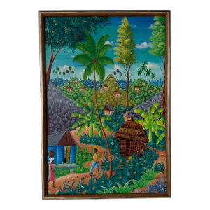 Vintage Michelet Haitian Folk Art Tropical Village Scene Landscape Oil Painting – Framed