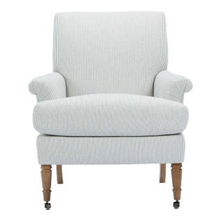 Birdie Striped Cotton Roll Arm Chair, French Blue and Cream For Sale