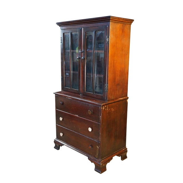 Mid Century Mahogany Stepback China Display Cabinet Hutch Bookcase 68" For Sale - Image 4 of 18