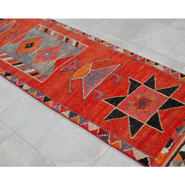 3x10 Ft Vintage Hand-Knotted Tribal Hallway Decor Ancient Alien Motif Rug for Hallway Kitchen Decor Turkish Rug Runner For Sale - Image 10 of 15