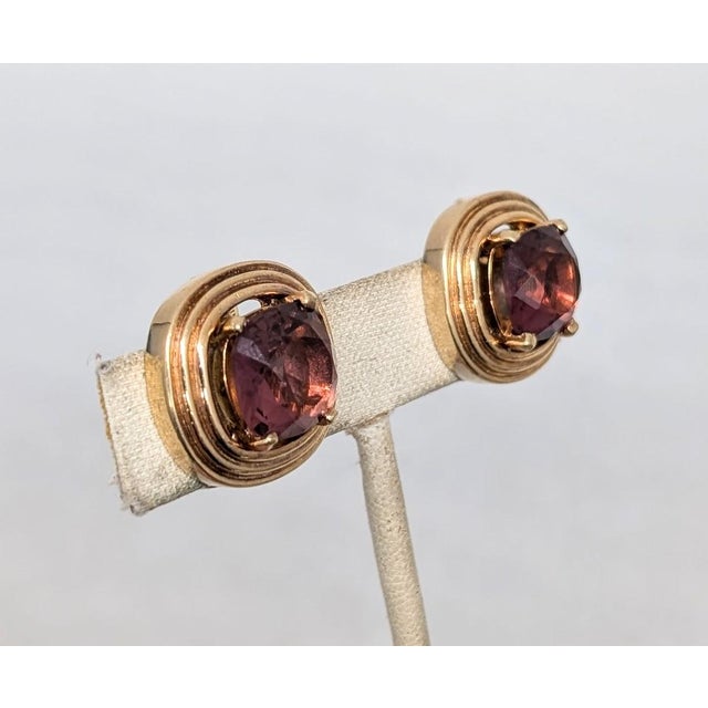 1980s Vintage 1980s Signed Henkel & Grosse Goldtone Faux-Amethyst Clip Earrings-2 Pieces For Sale - Image 5 of 10