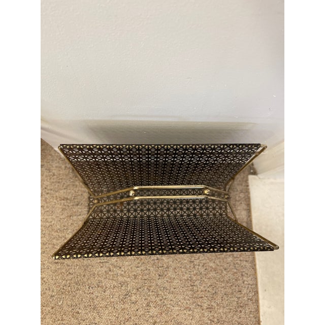 Mid-Century Modern Mid-Century Modern Brass Toned and Black Enamel Metal Magazine Rack With Atomic Geometric Mesh Design. For Sale - Image 3 of 7