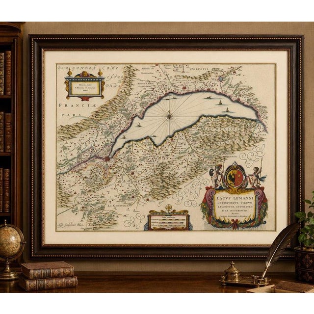 Lake Geneva Antique Blaeu Atlas Map of Geneva and Léman, 1642 This beautiful original hand-colored map depicts Lake Geneva...