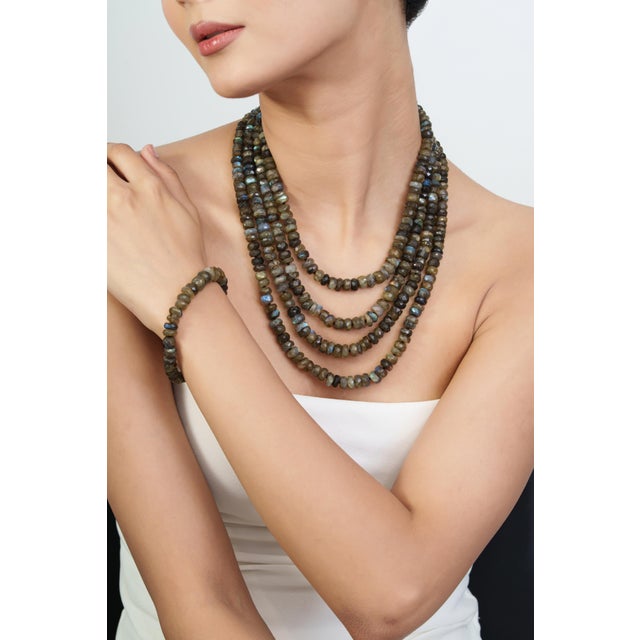 Dramatic Matinee Length 295 Ct Natural Labradorite Rondelle Beaded Necklace, 22.5" For Sale - Image 9 of 14