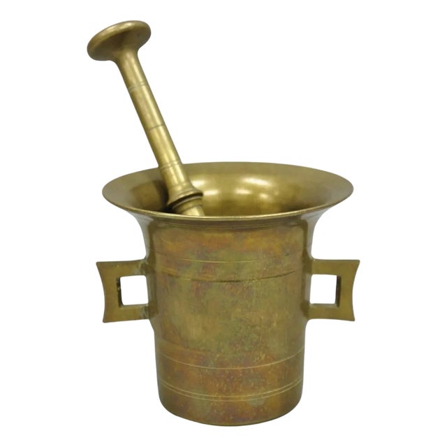 Antique Solid Bronze Brass German Apothecary Mortar With Pestle - 2 PCS For Sale
