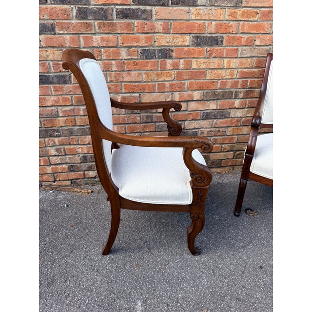 Newly Upholstered French Restoration Arm Chairs For Sale - Image 9 of 12