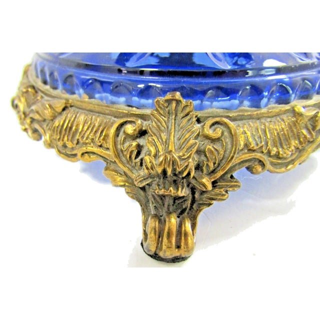 Pair Antique Cobalt Blue Glass Vases With Ornate Bronze Rim, Handles and Mount For Sale - Image 14 of 18
