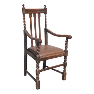 Vintage French Country Brown Oak Barley Twist Arm Chair For Sale
