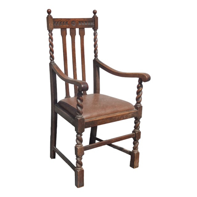 Vintage French Country Brown Oak Barley Twist Arm Chair For Sale