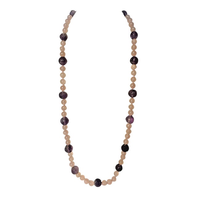 Mid 20th Century Rose Quartz and Amethyst Knotted Bead Necklace For Sale