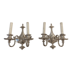 Mid 20th Century Restored Victorian Silver Plated Cast Brass 2 Arm Wall Sconces - a Pair