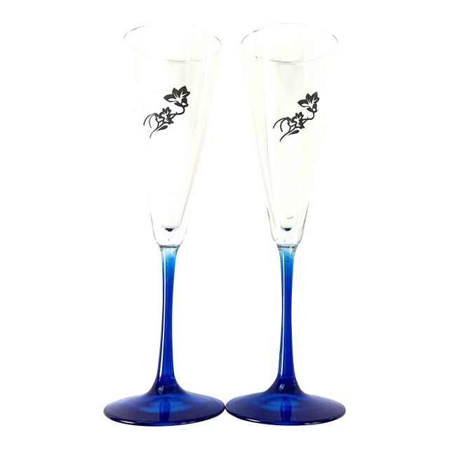 1990s Perrier Jouet-Champagne, Flutes, Cobalt, Stems, and Foot With a Black Painted Rose on the Bowl For Sale