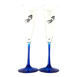 1990s Perrier Jouet-Champagne, Flutes, Cobalt, Stems, and Foot With a Black Painted Rose on the Bowl