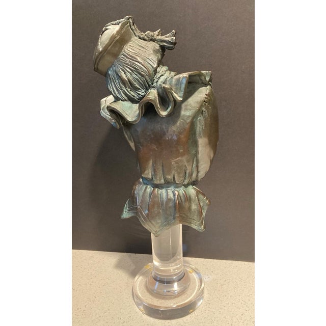 Art Nouveau 1980s Bronze Pierrot Signed Sculpture on Acrylic Base For Sale - Image 3 of 7