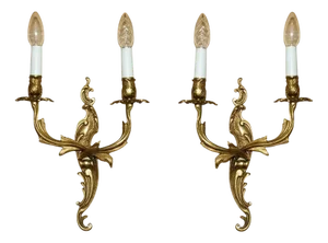 Antique French 1920s Gilt Bronzed Candle Sconce Wall Lights, Set of 2