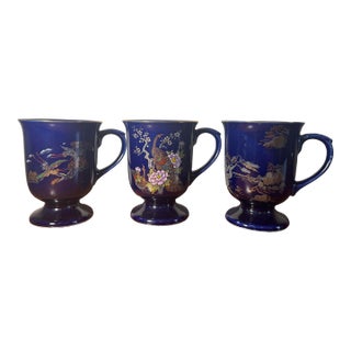Vintage Blue Oriental Peacock & Crane Coffee Tea Mugs Set of 3 Japan Style For Sale