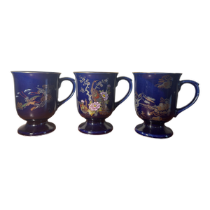 Vintage Blue Oriental Peacock & Crane Coffee Tea Mugs Set of 3 Japan Style