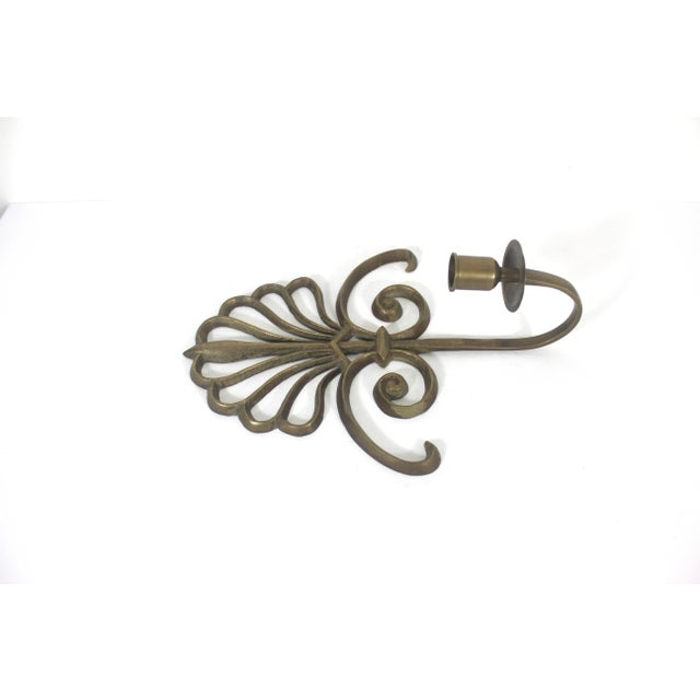 Boho Chic 1970s Brass Wall Candle Sconces Peacock or Scroll Fan Shape a Pair For Sale - Image 3 of 12