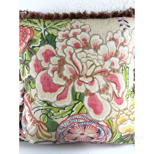 2020s Thibaut Peony Garden Hand Printed Tasseled Linen Pillows/a Pair For Sale - Image 5 of 10