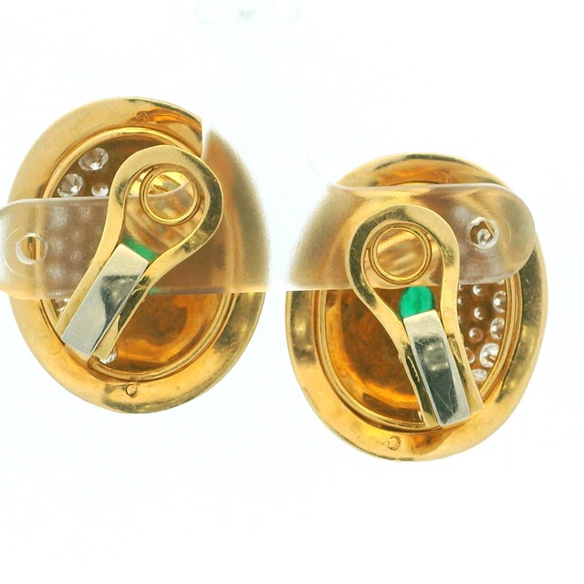 Vintage 18k Yellow Gold Diamond and Emerald Cabochon Clip-on Earrings, Pair For Sale - Image 10 of 13