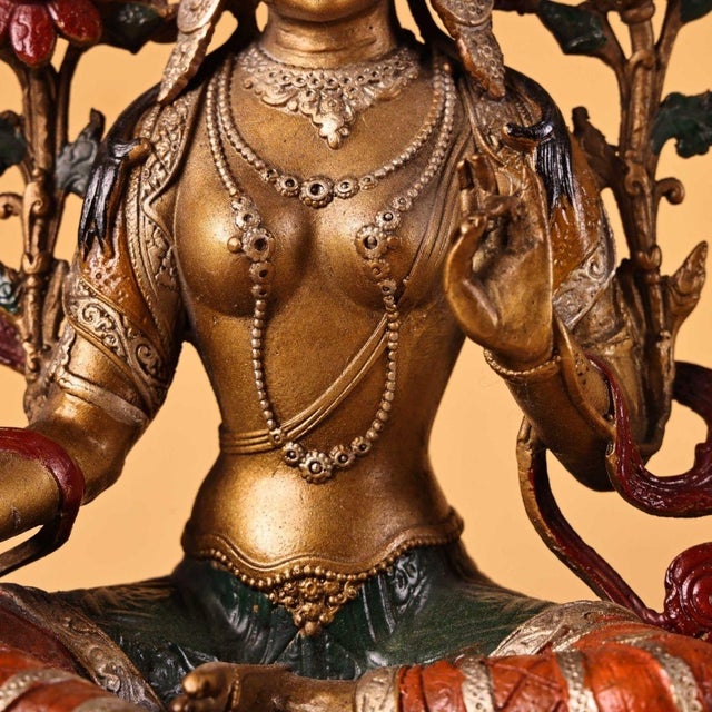 Metal Late 19th Century Gilt Bronze Green Tara Statue, Tibetan Buddhist Figure, 900g For Sale - Image 7 of 9