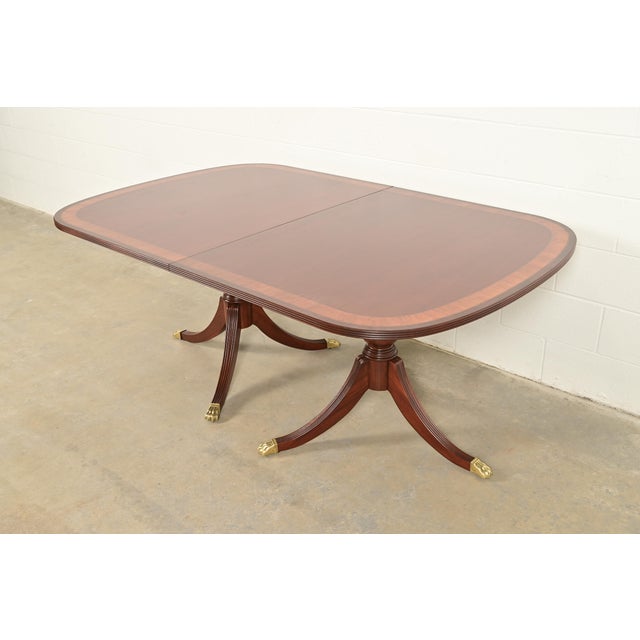 Brown Ethan Allen Georgian Banded Mahogany Double Pedestal Extension Dining Table, Newly Refinished For Sale - Image 8 of 15