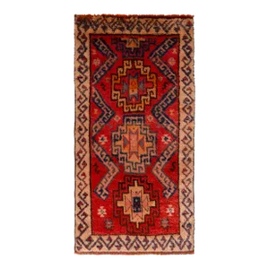 Antique Persian Gabbeh Runner in Red, Pink and Blue Tribal Pattern