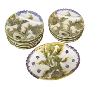 10 French Orchies Faience Majolica Asparagus and Artichoke Plates With Platter