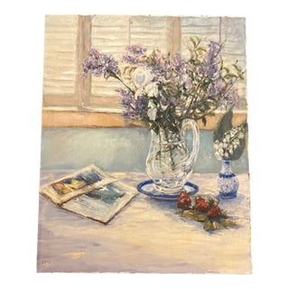 1970’s Original Impressionist Still Life Painting on Canvas “Lilacs + Strawberries” For Sale