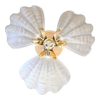 Vintage Coastal 3 Light Frosted Clamshell Design Flush Mount Chandelier Light Fixture For Sale