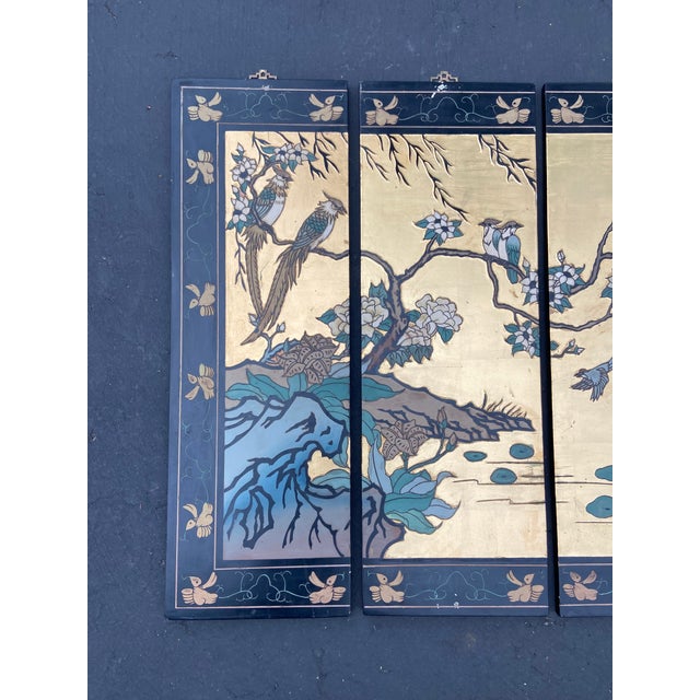 Wood Vintage Chinese 4-Panel Coromandel Lacquer Wall Hangings For Sale - Image 7 of 10