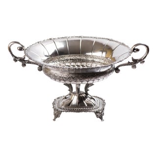 Large Vintage Silver Figural Fish Dish With Handles & Floral Design Centerpiece Bowl For Sale