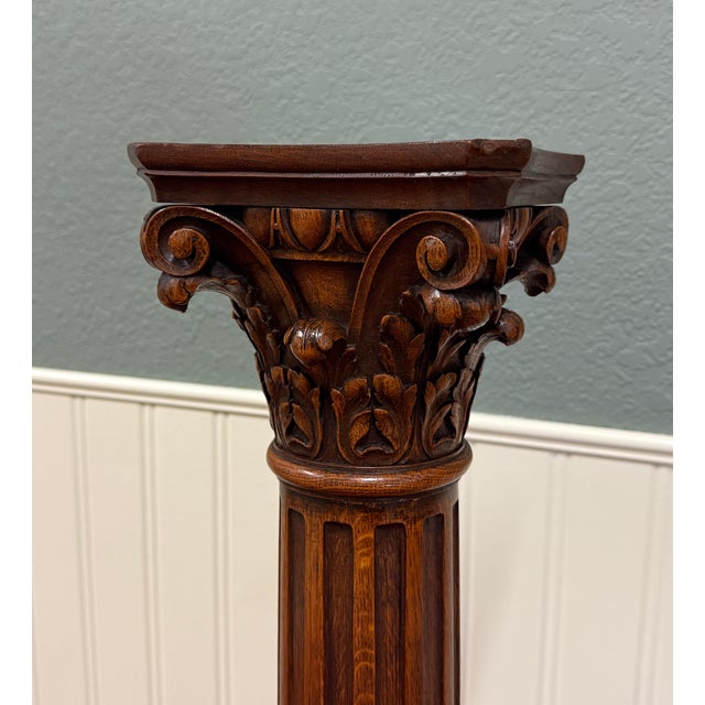 Antique French Oak Corinthian Column Pedestal Plant Stand Newel Post For Sale - Image 4 of 16
