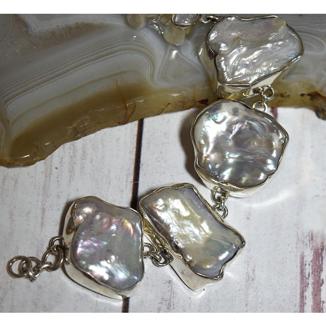 Early 21st Century White Freshwater Baroque or Keshi Pearl Sterling Silver Link Bracelet For Sale - Image 5 of 18