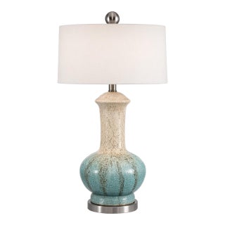 Late 20th Century Hand-Glazed Ceramic Table Lamp With Blue Reactive Glaze and Linen Drum Shade For Sale
