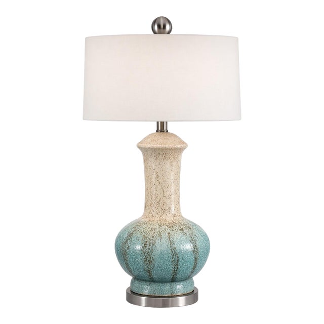 Late 20th Century Hand-Glazed Ceramic Table Lamp With Blue Reactive Glaze and Linen Drum Shade For Sale