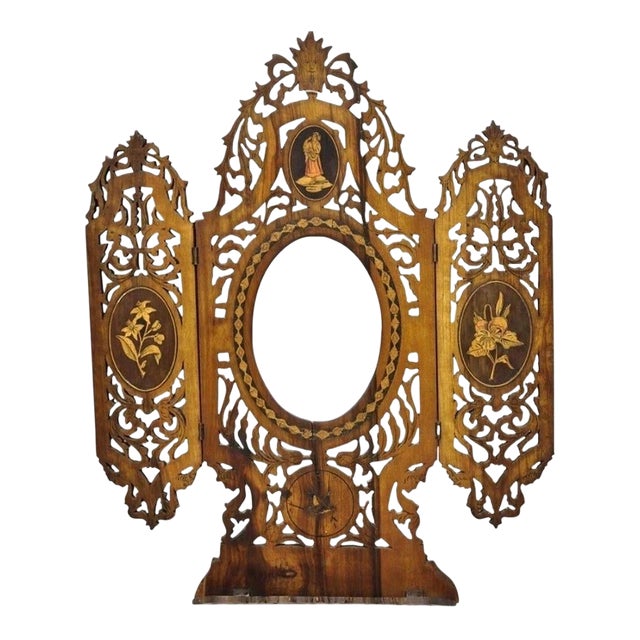 19th C Italian Sorrento Folding Marquetry Inlay Small Picture Frame Wall Mirror For Sale