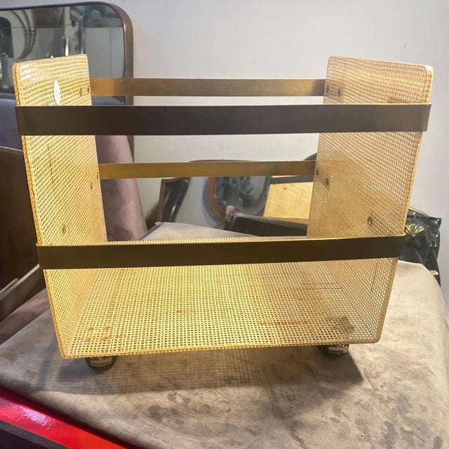 1980s Dior Home Style Mid-Century Modern Brass and Wicker Magazine Stand For Sale - Image 11 of 18