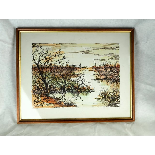 Wood 1970s French Watercolor Painting of View of Marsh, Church in the Distance, Framed For Sale - Image 7 of 11